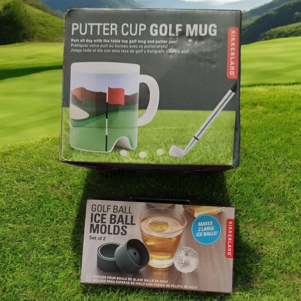 Golf Mug W Ball And A Putter That Doubles As A Pen And Golf Ball Ice Molds.